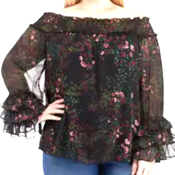 Sheer Dark Floral Print Ruffle Long Sleeve Whimsigoth Boho Womens Top Sz M - Picture 4 of 6